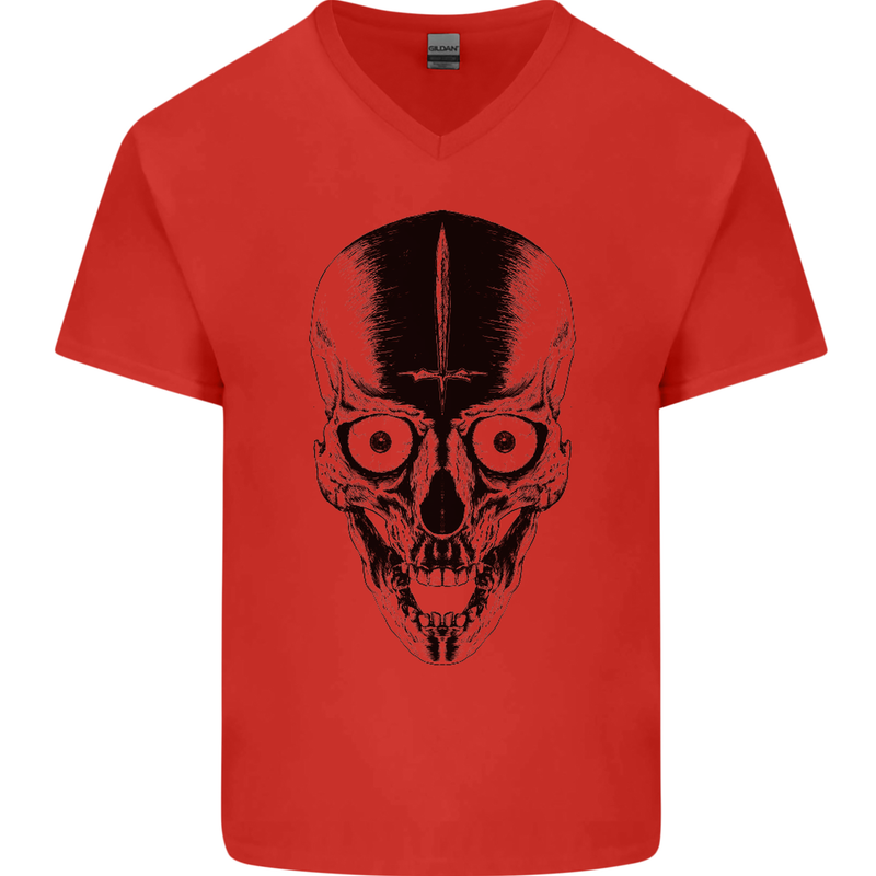 Skull With a Sword Gothic Heavy Metal Rock Mens V-Neck Cotton T-Shirt Red