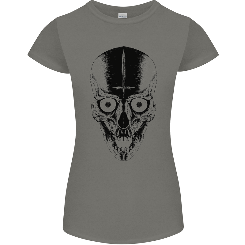 Skull With a Sword Gothic Heavy Metal Rock Womens Petite Cut T-Shirt Charcoal