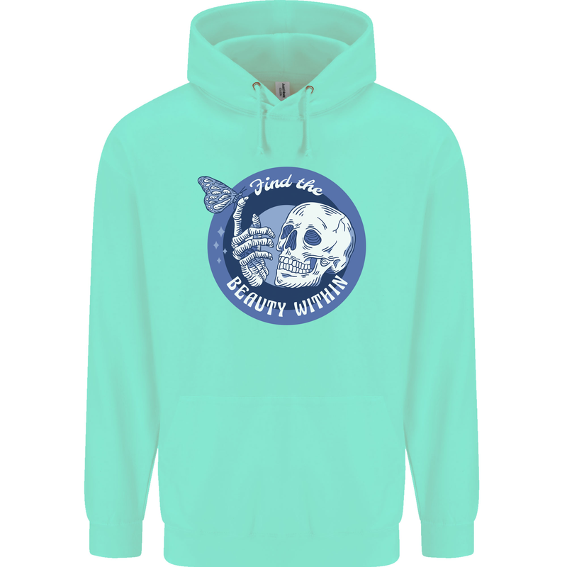 Skull & Butterfly Find the Beauty Within Childrens Kids Hoodie Peppermint