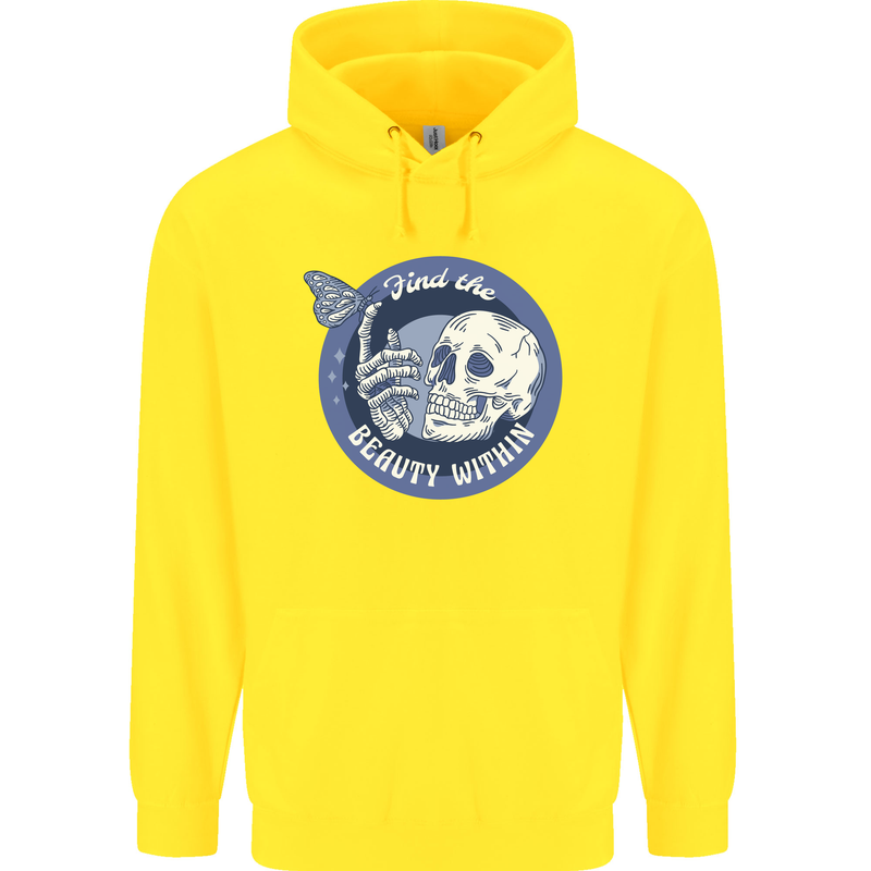 Skull & Butterfly Find the Beauty Within Childrens Kids Hoodie Yellow