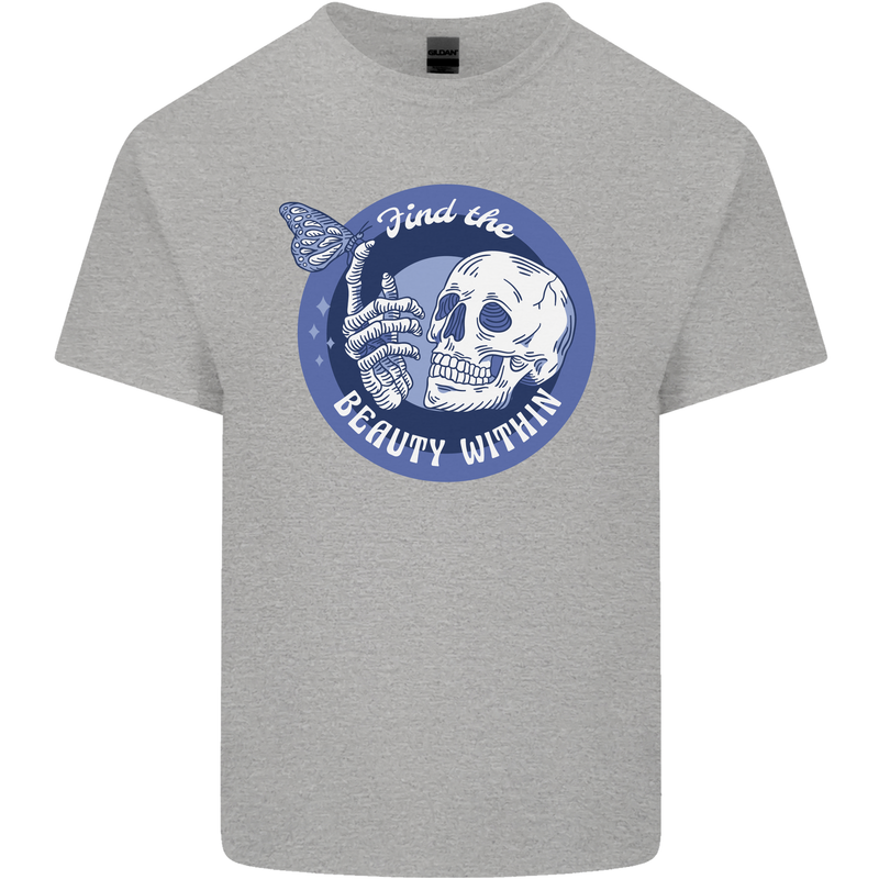 Skull & Butterfly Find the Beauty Within Kids T-Shirt Childrens Sports Grey