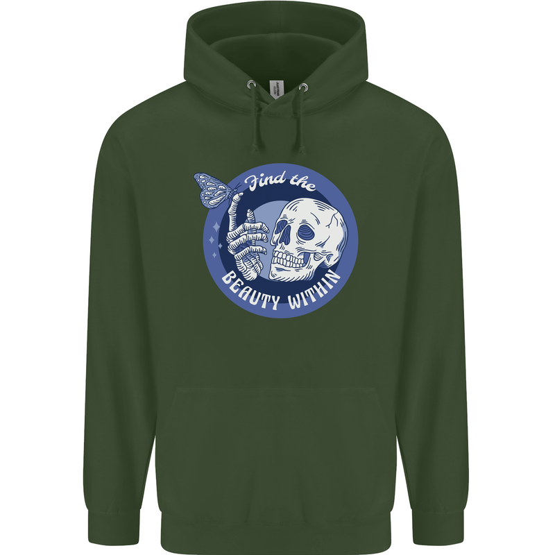 Skull & Butterfly Find the Beauty Within Mens 80% Cotton Hoodie Forest Green