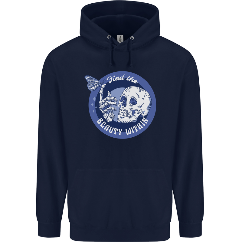 Skull & Butterfly Find the Beauty Within Mens 80% Cotton Hoodie Navy Blue