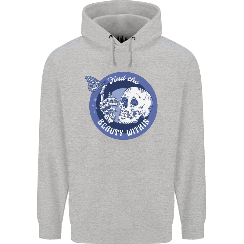 Skull & Butterfly Find the Beauty Within Mens 80% Cotton Hoodie Sports Grey