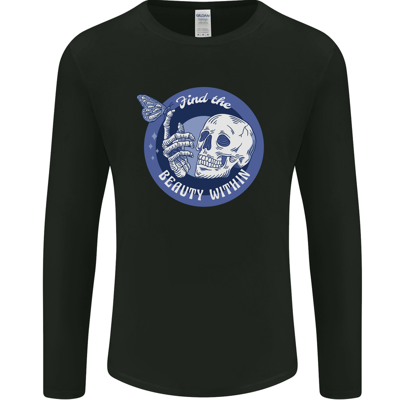 Skull & Butterfly Find the Beauty Within Mens Long Sleeve T-Shirt Black