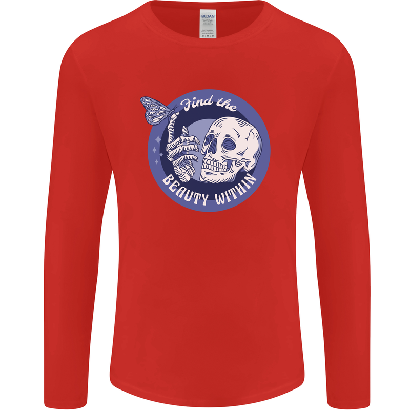 Skull & Butterfly Find the Beauty Within Mens Long Sleeve T-Shirt Red