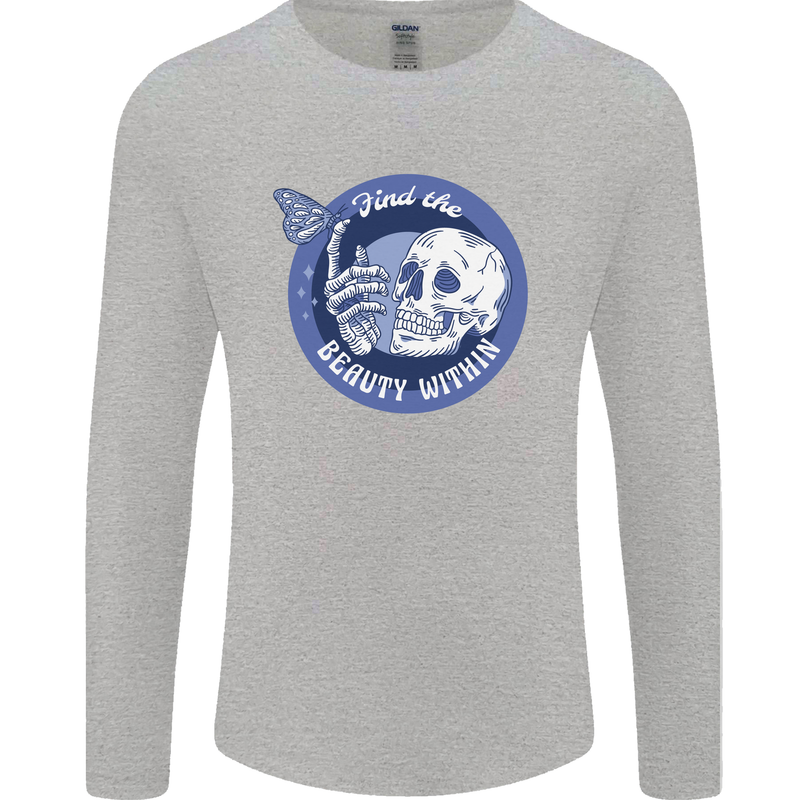 Skull & Butterfly Find the Beauty Within Mens Long Sleeve T-Shirt Sports Grey