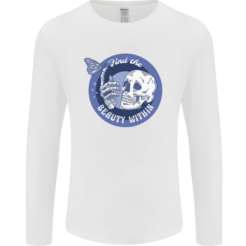 Skull & Butterfly Find the Beauty Within Mens Long Sleeve T-Shirt White