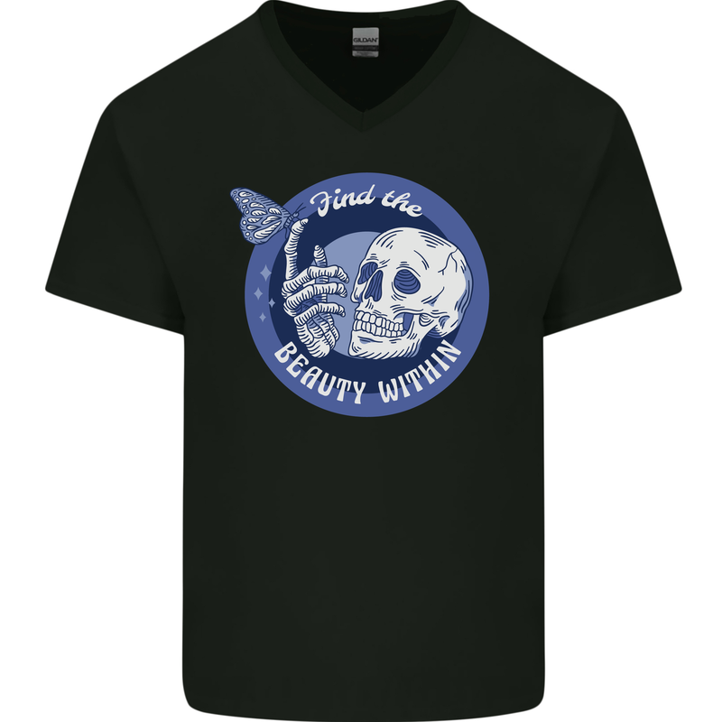 Skull & Butterfly Find the Beauty Within Mens V-Neck Cotton T-Shirt Black