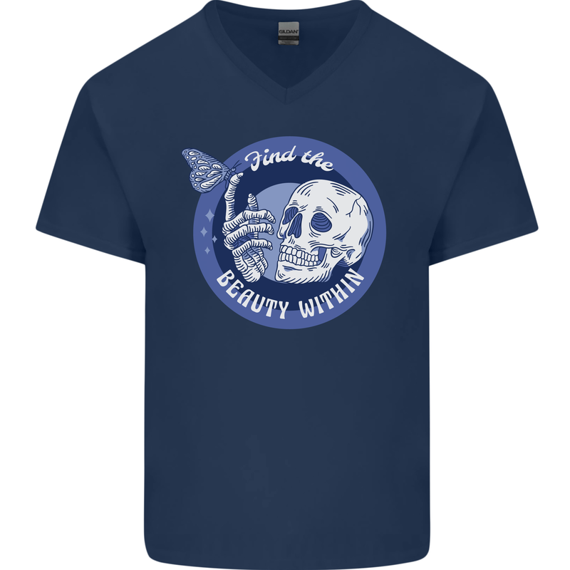 Skull & Butterfly Find the Beauty Within Mens V-Neck Cotton T-Shirt Navy Blue