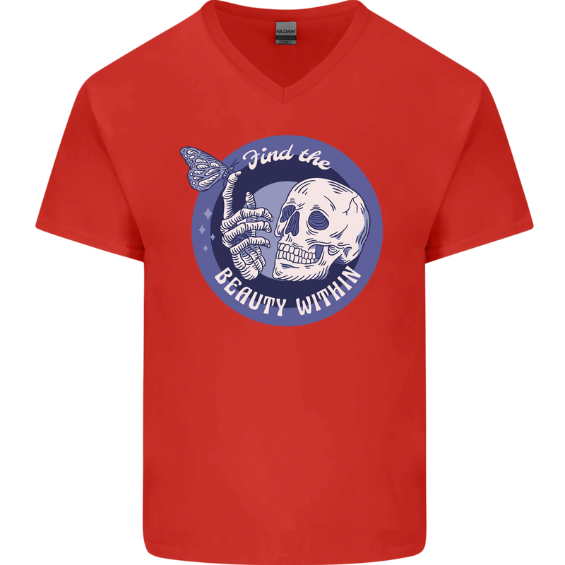 Skull & Butterfly Find the Beauty Within Mens V-Neck Cotton T-Shirt Red