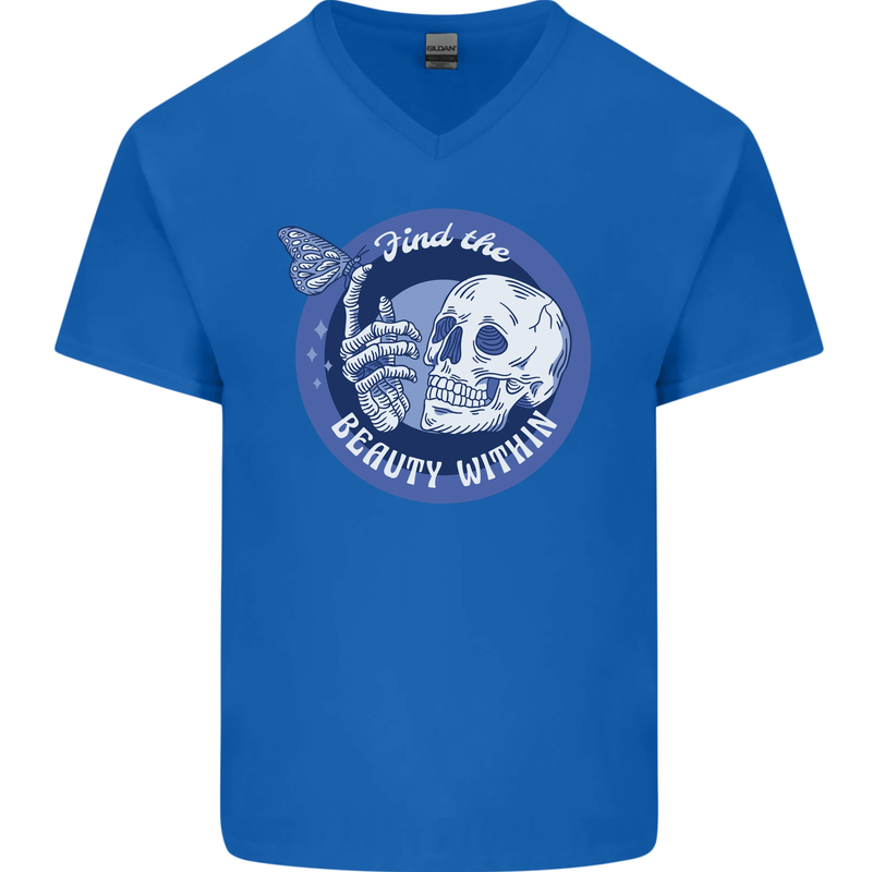 Skull & Butterfly Find the Beauty Within Mens V-Neck Cotton T-Shirt Royal Blue