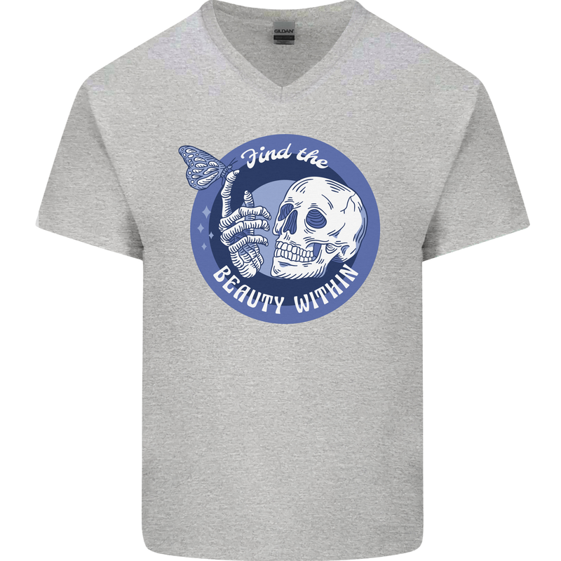 Skull & Butterfly Find the Beauty Within Mens V-Neck Cotton T-Shirt Sports Grey