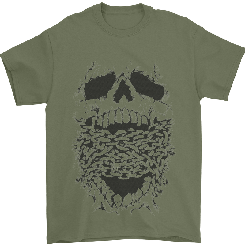 Skull and Chains Motorcycle Motorbike Biker Mens T-Shirt Cotton Gildan Military Green