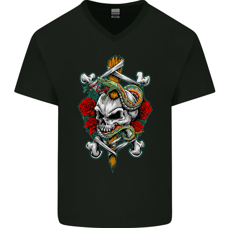 Skull and Snake Biker Heavy Metal Gothic Mens V-Neck Cotton T-Shirt Black