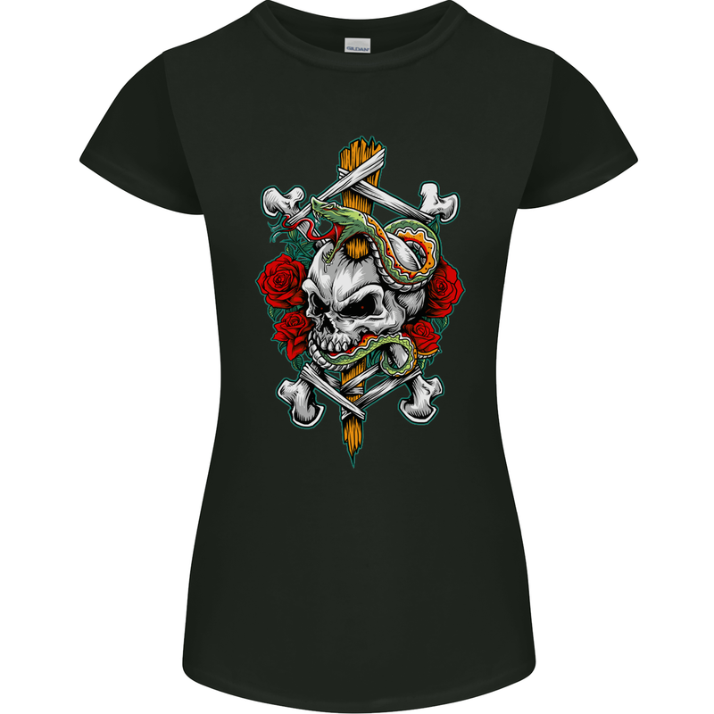 Skull and Snake Biker Heavy Metal Gothic Womens Petite Cut T-Shirt Black