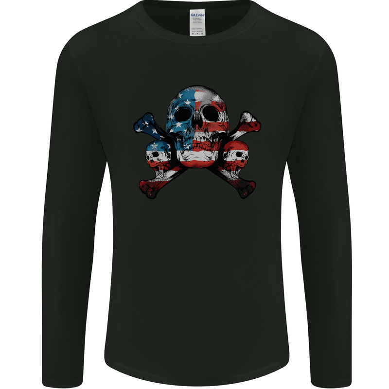 Skulls U.S.A. Flag America Biker Motorbike Mens Long Sleeve T-Shirt Black