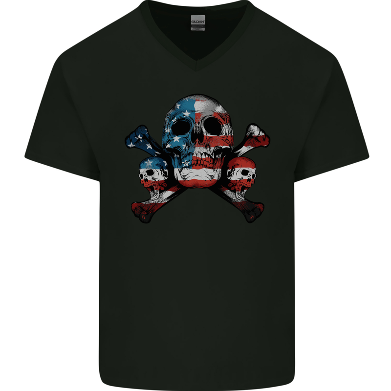 Skulls U.S.A. Flag America Biker Motorbike Mens V-Neck Cotton T-Shirt Black