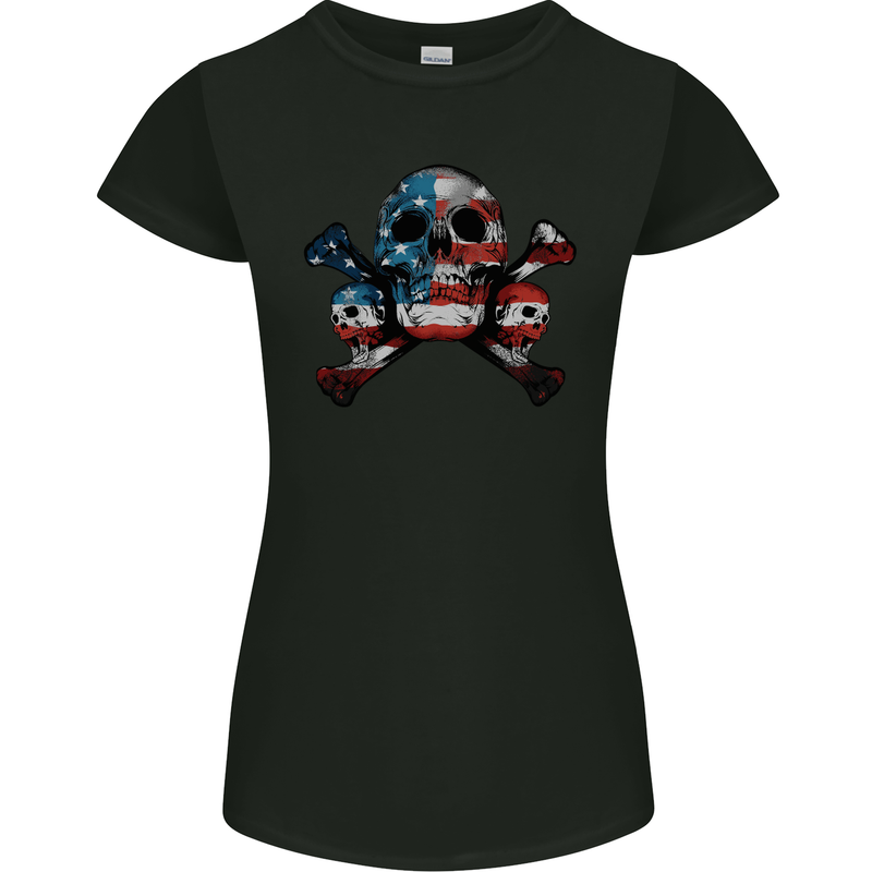 Skulls U.S.A. Flag America Biker Motorbike Womens Petite Cut T-Shirt Black