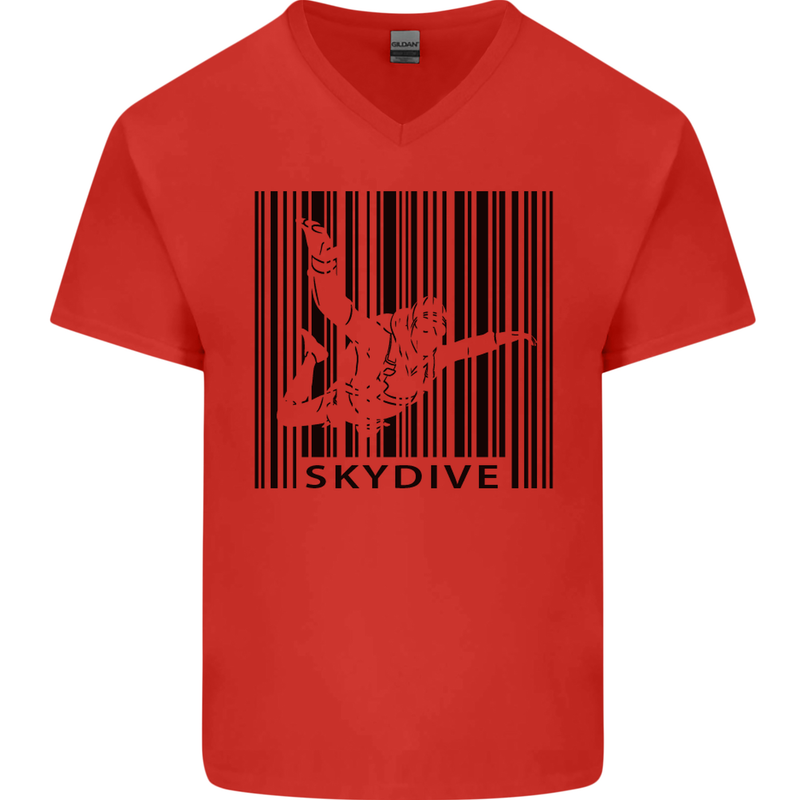 Skydiving Barcode Skydive Skydiver Freefall Mens V-Neck Cotton T-Shirt Red