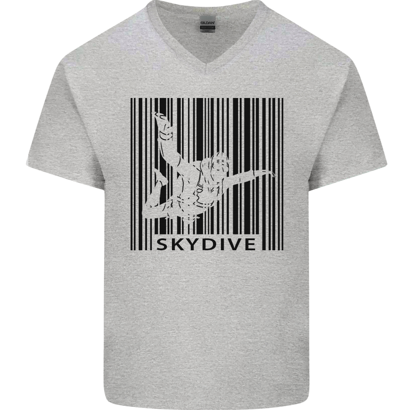 Skydiving Barcode Skydive Skydiver Freefall Mens V-Neck Cotton T-Shirt Sports Grey