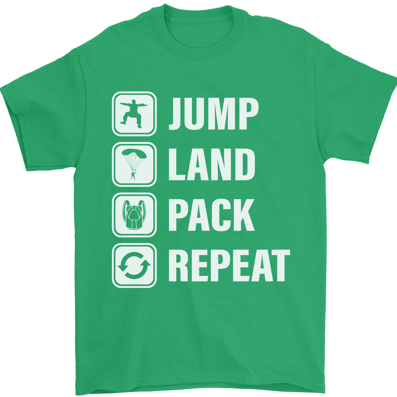 Skydiving Jump Land Pack Funny Skydiver Mens T-Shirt Cotton Gildan Irish Green