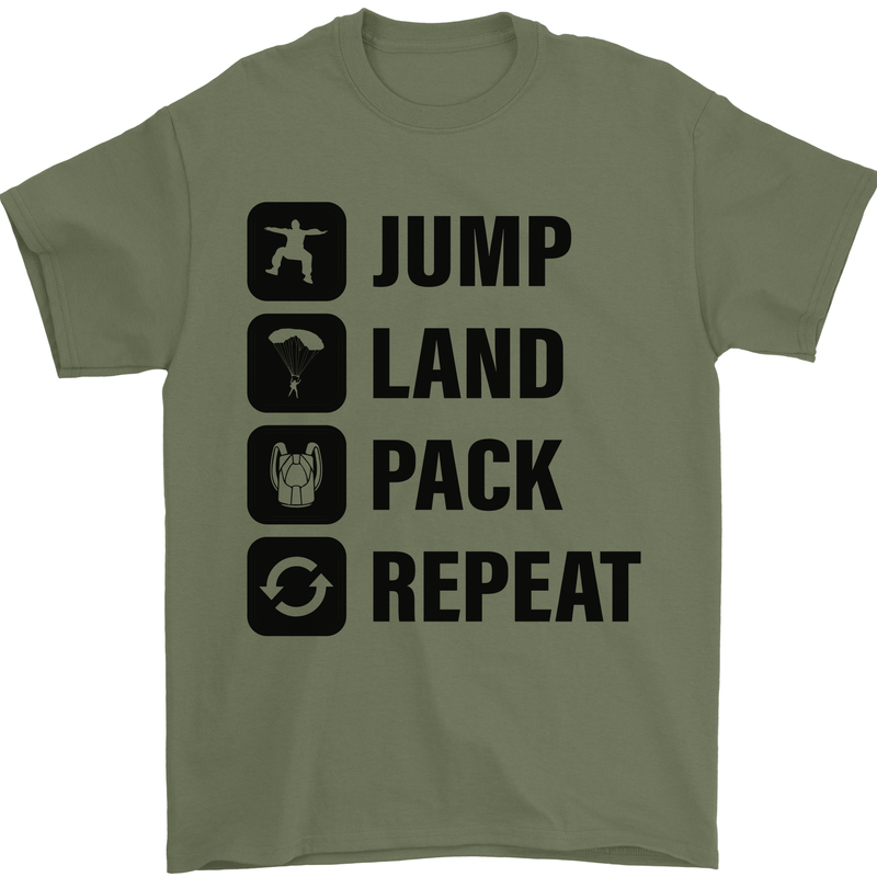 Skydiving Jump Land Pack Funny Skydiver Mens T-Shirt Cotton Gildan Military Green