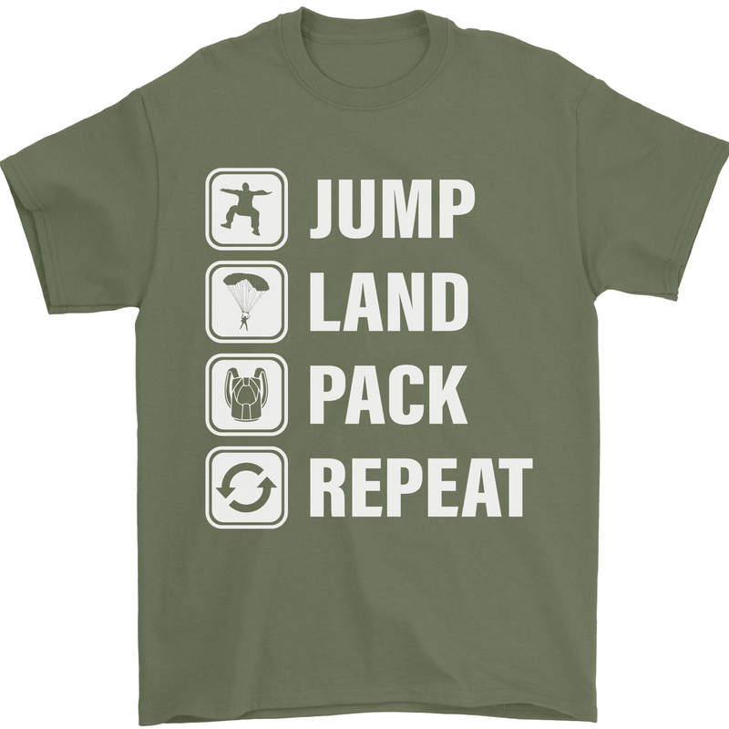 Skydiving Jump Land Pack Funny Skydiver Mens T-Shirt Cotton Gildan Military Green