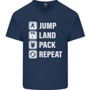 Skydiving Jump Land Pack Funny Skydiver Mens V-Neck Cotton T-Shirt Navy Blue