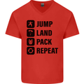 Skydiving Jump Land Pack Funny Skydiver Mens V-Neck Cotton T-Shirt Red