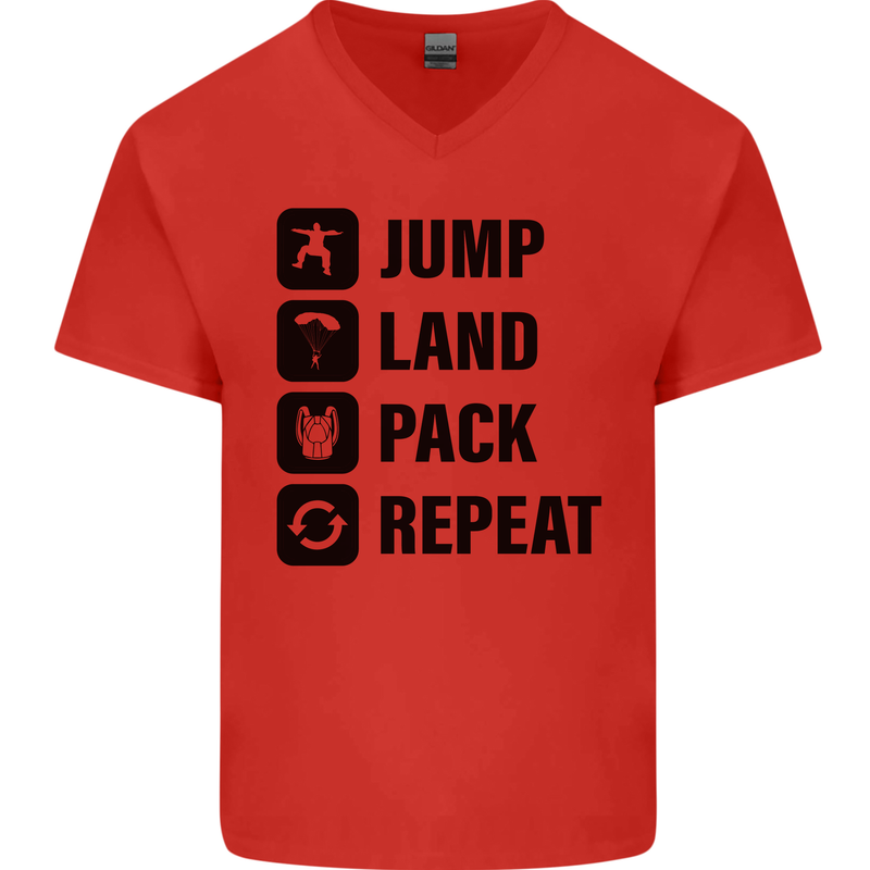 Skydiving Jump Land Pack Funny Skydiver Mens V-Neck Cotton T-Shirt Red