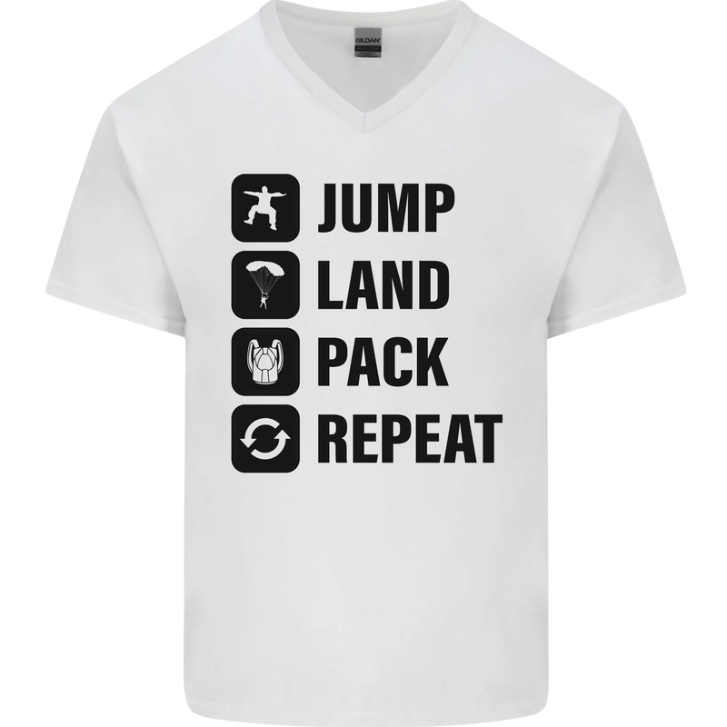 Skydiving Jump Land Pack Funny Skydiver Mens V-Neck Cotton T-Shirt White