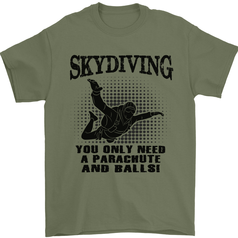 Skydiving Parachute & Balls Skydiver Funny Mens T-Shirt Cotton Gildan Military Green