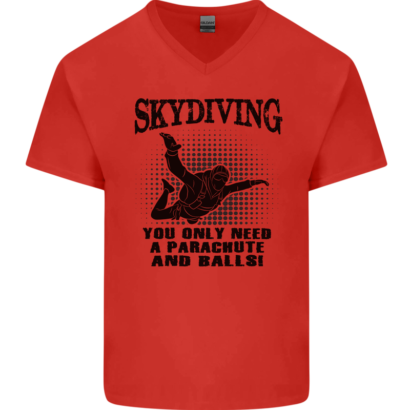 Skydiving Parachute & Balls Skydiver Funny Mens V-Neck Cotton T-Shirt Red
