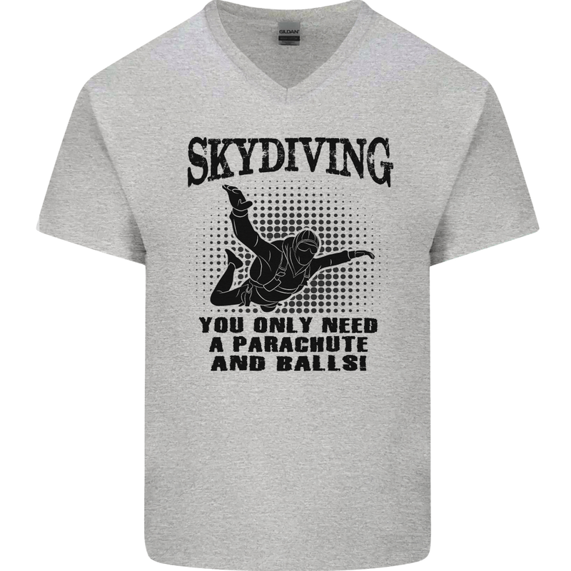 Skydiving Parachute & Balls Skydiver Funny Mens V-Neck Cotton T-Shirt Sports Grey