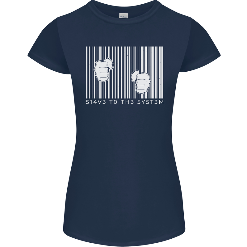Slave to the System Anti Capitalism Womens Petite Cut T-Shirt Navy Blue