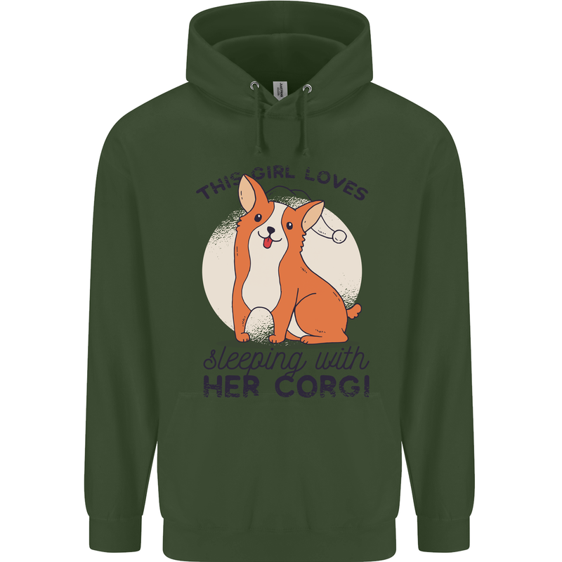 Sleeping With Her Corgi Funny Childrens Kids Hoodie Forest Green