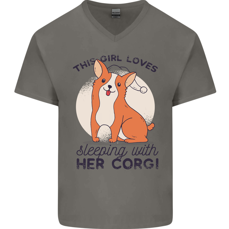 Sleeping With Her Corgi Funny Mens V-Neck Cotton T-Shirt Charcoal