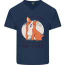 Sleeping With Her Corgi Funny Mens V-Neck Cotton T-Shirt Navy Blue