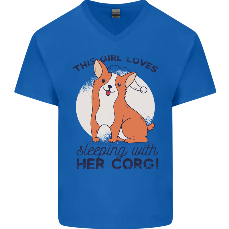 Sleeping With Her Corgi Funny Mens V-Neck Cotton T-Shirt Royal Blue