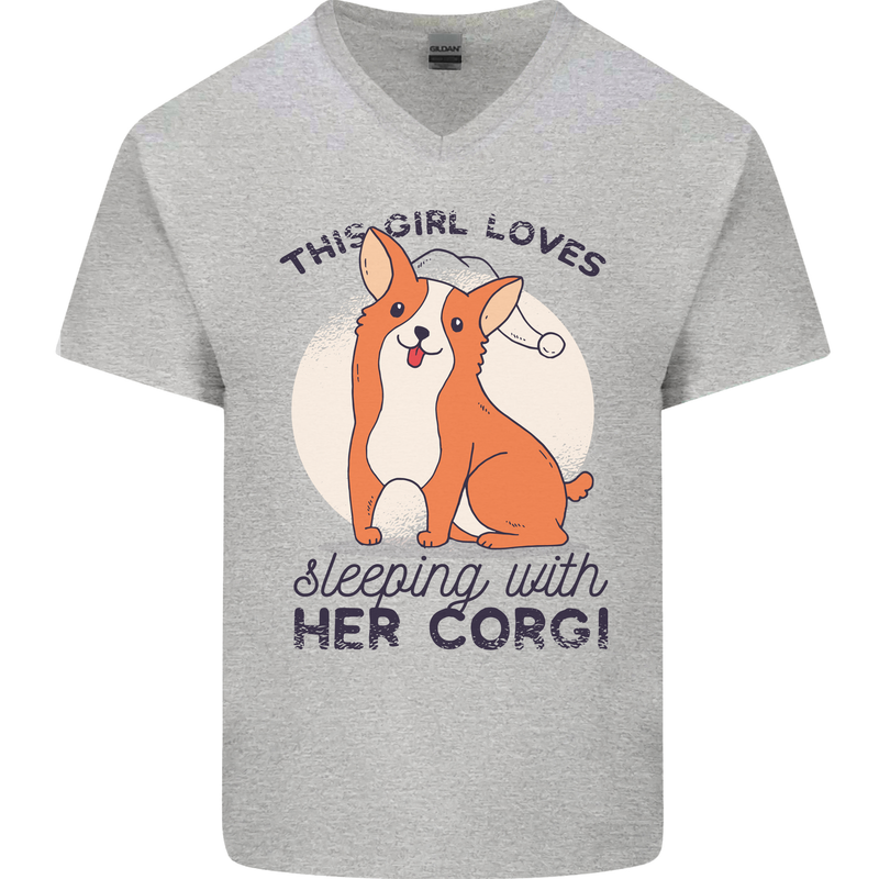 Sleeping With Her Corgi Funny Mens V-Neck Cotton T-Shirt Sports Grey