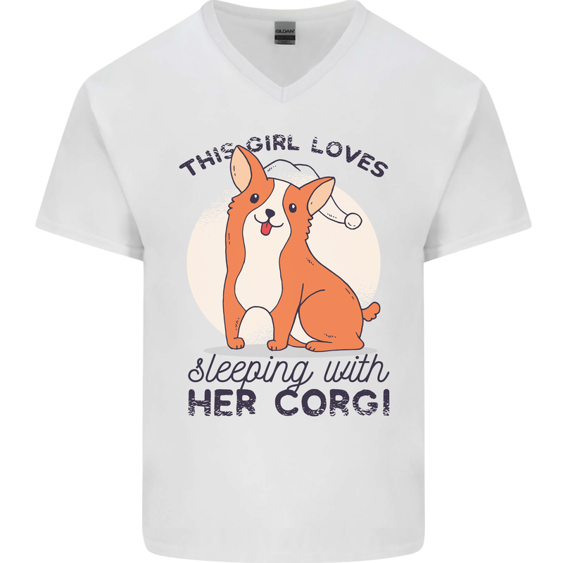 Sleeping With Her Corgi Funny Mens V-Neck Cotton T-Shirt White