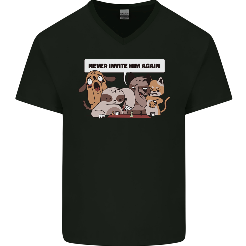 Sloth Board Games Funny Mens V-Neck Cotton T-Shirt Black