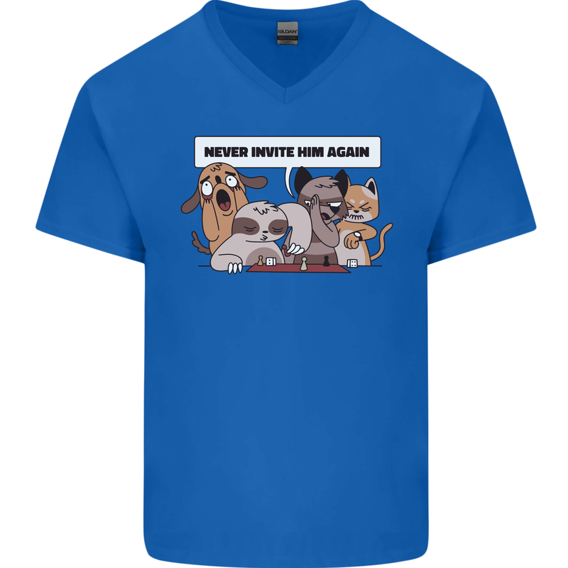 Sloth Board Games Funny Mens V-Neck Cotton T-Shirt Royal Blue