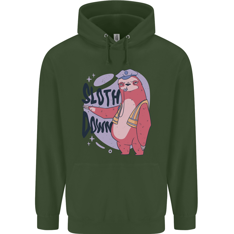 Sloth Down Policeman Funny Childrens Kids Hoodie Forest Green