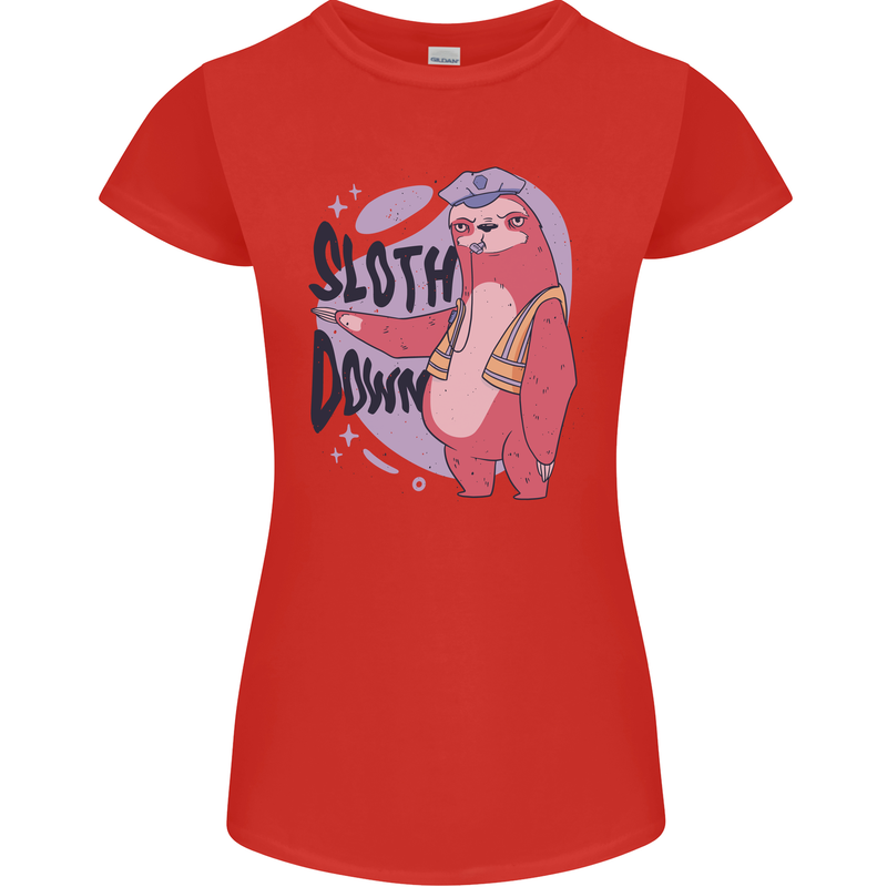 Sloth Down Policeman Funny Womens Petite Cut T-Shirt Red
