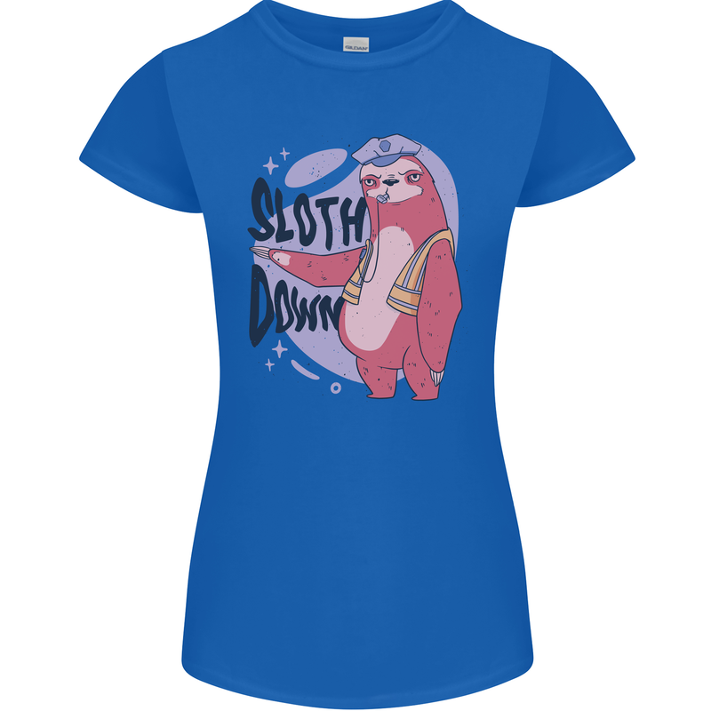 Sloth Down Policeman Funny Womens Petite Cut T-Shirt Royal Blue