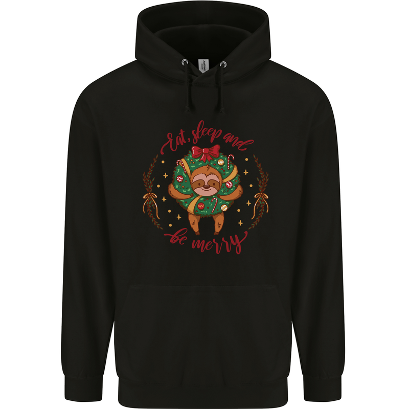 Sloth Eat Sleep & Be Merry Funny Christmas Childrens Kids Hoodie Black