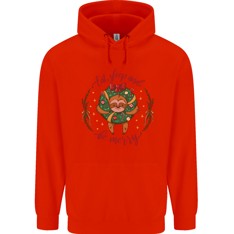Sloth Eat Sleep & Be Merry Funny Christmas Childrens Kids Hoodie Bright Red