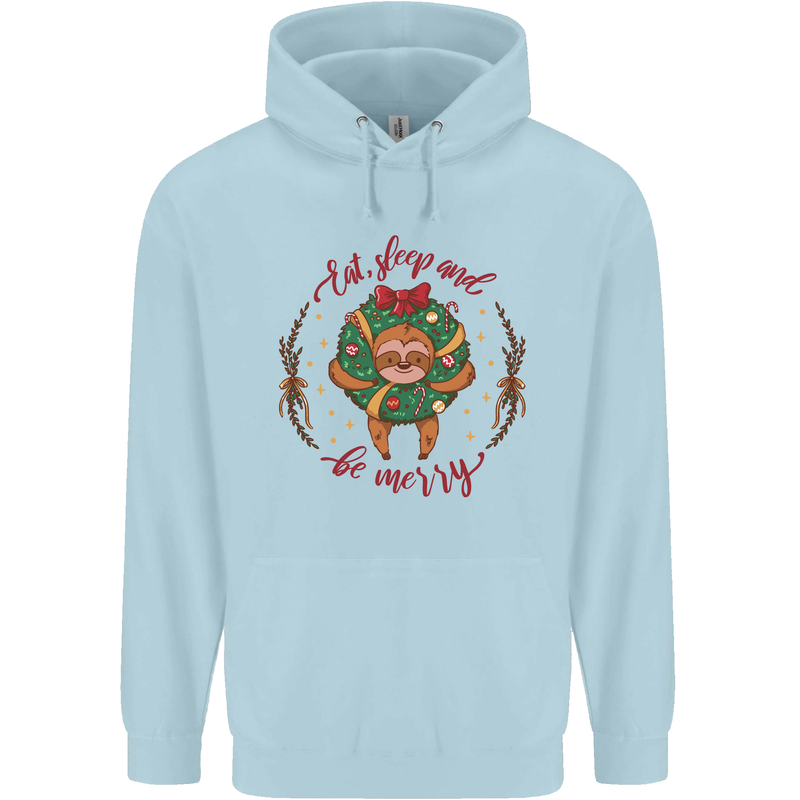 Sloth Eat Sleep & Be Merry Funny Christmas Childrens Kids Hoodie Light Blue